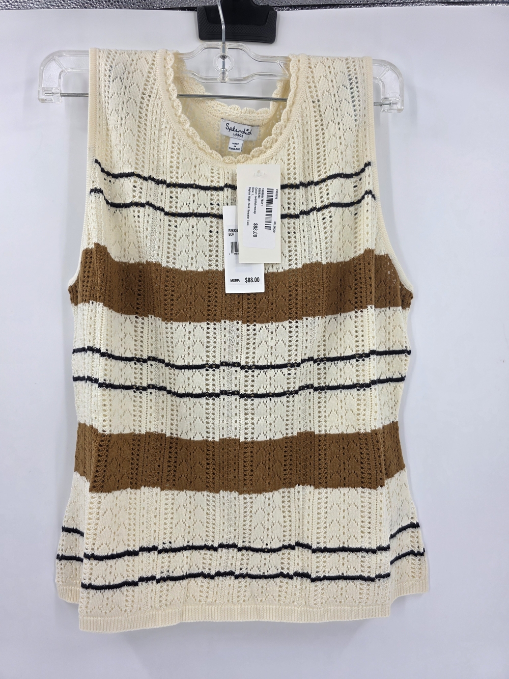 @Splendid Cream, Brown & Black Striped Sleeveless Scoop-Neck Sweater